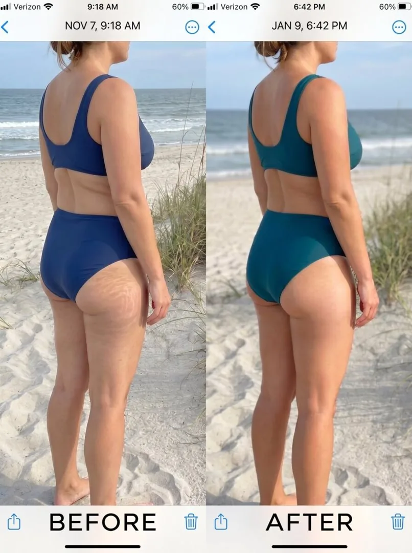 Real before and after — visibly firmer, lifted bottom in 6 weeks